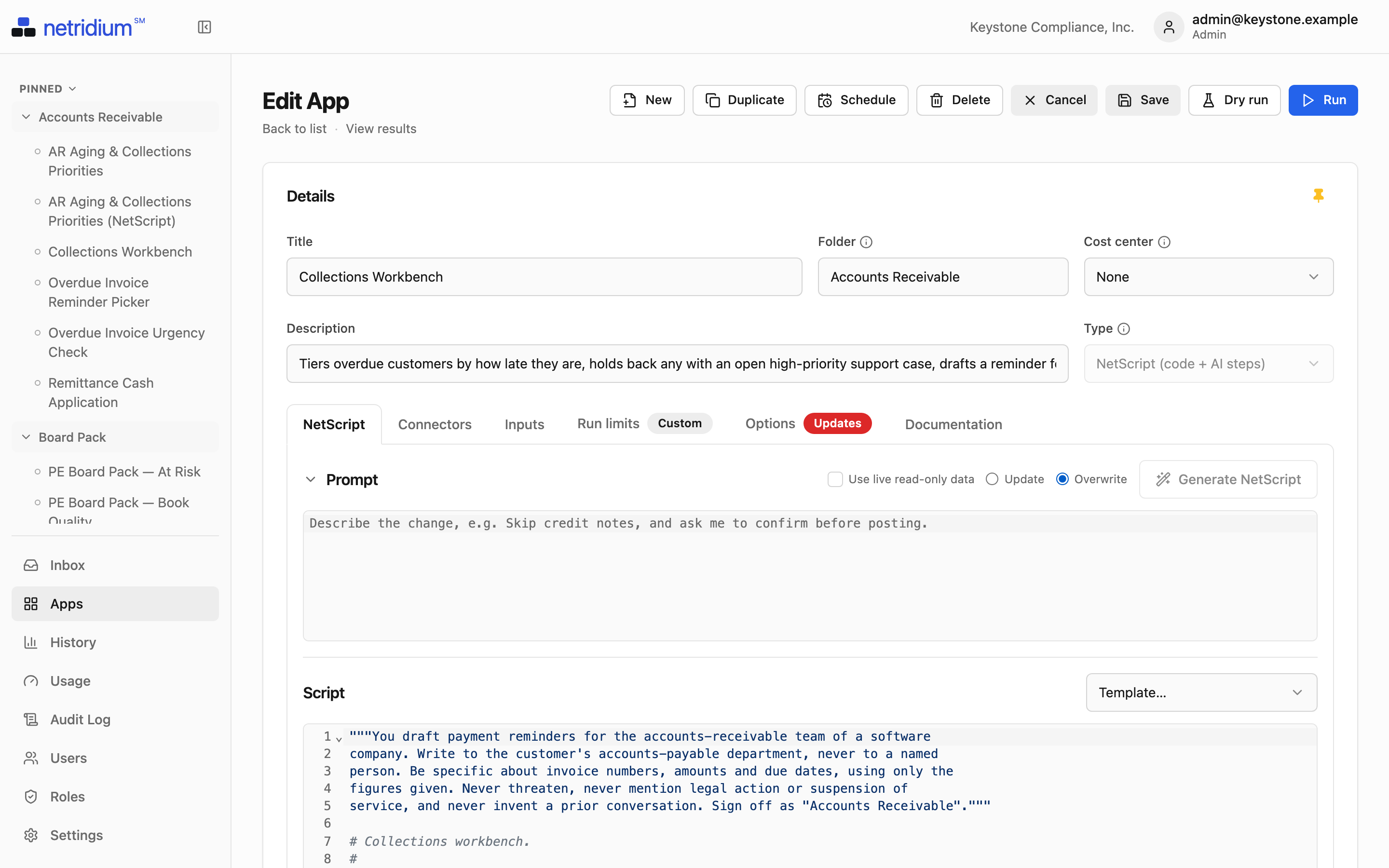 Editing a NetScript App: its details, the script, and tabs for connectors, inputs and run limits