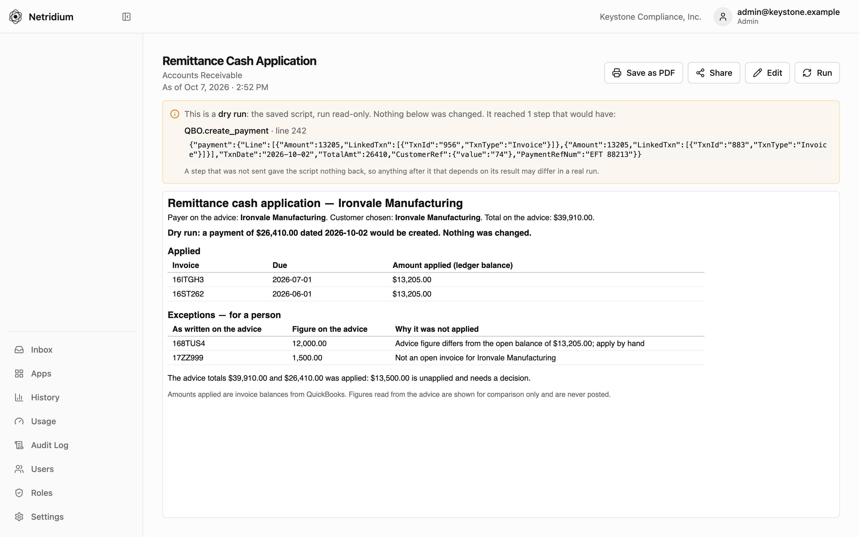 Remittance Cash Application dry run: invoices it would apply a payment to, and the exceptions left for a person