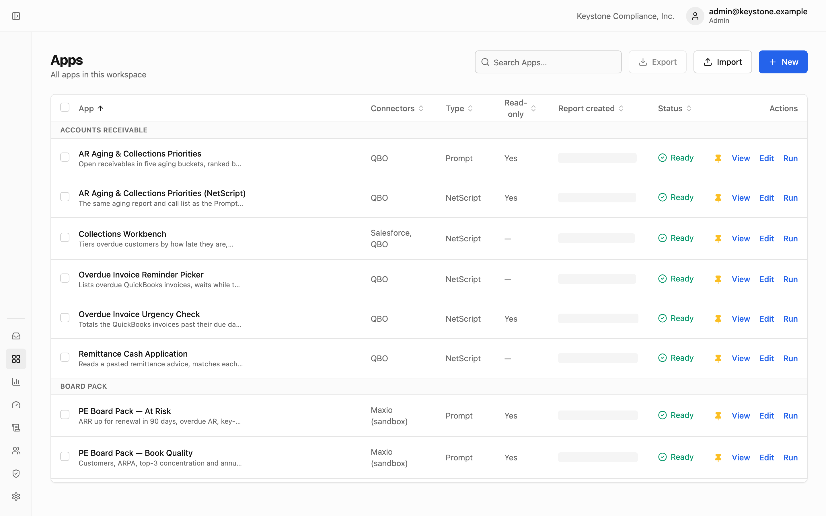 The Apps page: Apps grouped by folder, with the connectors each one uses, Prompt or NetScript, whether it is read-only, and status