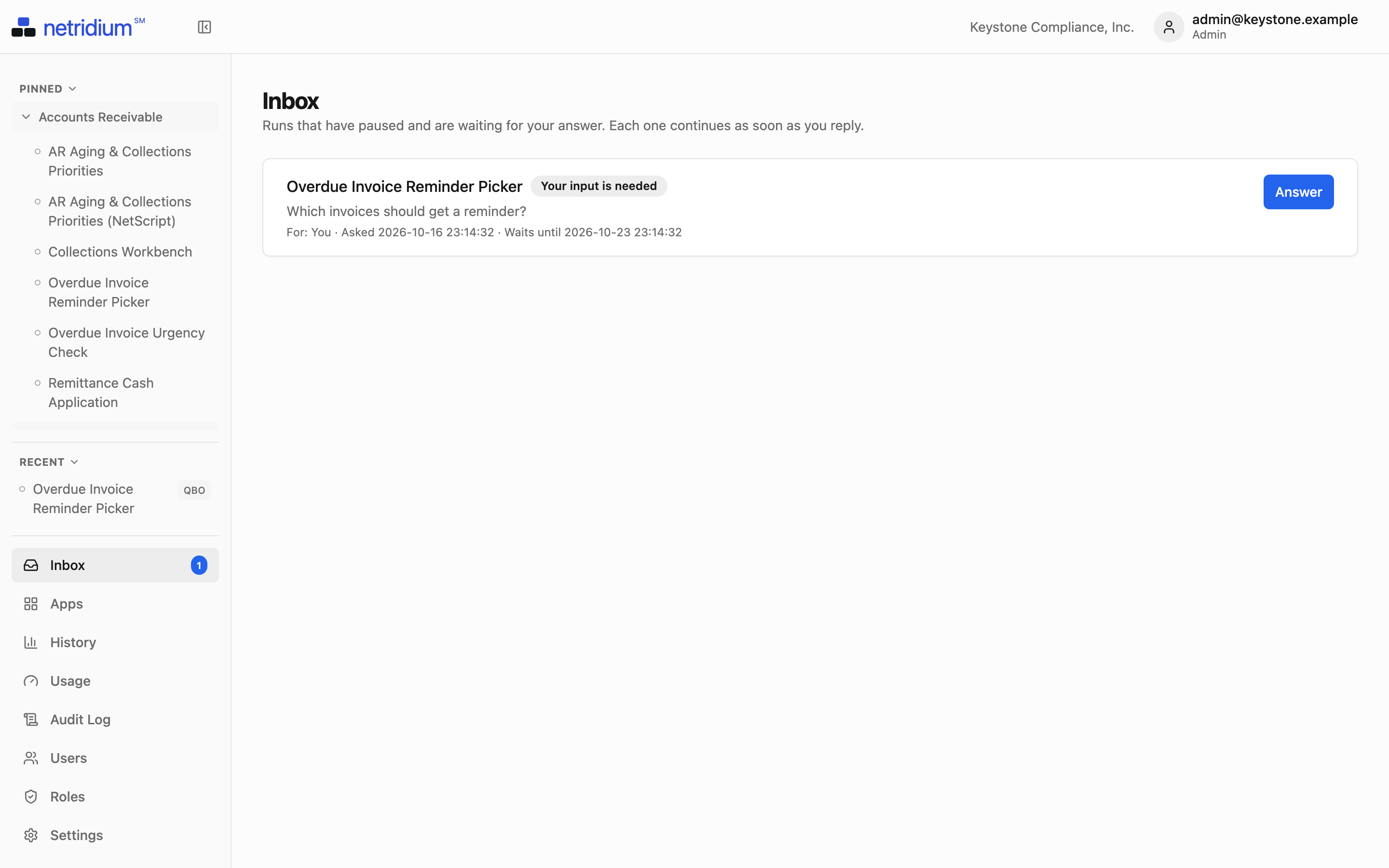 The Inbox: a paused run waiting for someone to choose which invoices get a reminder