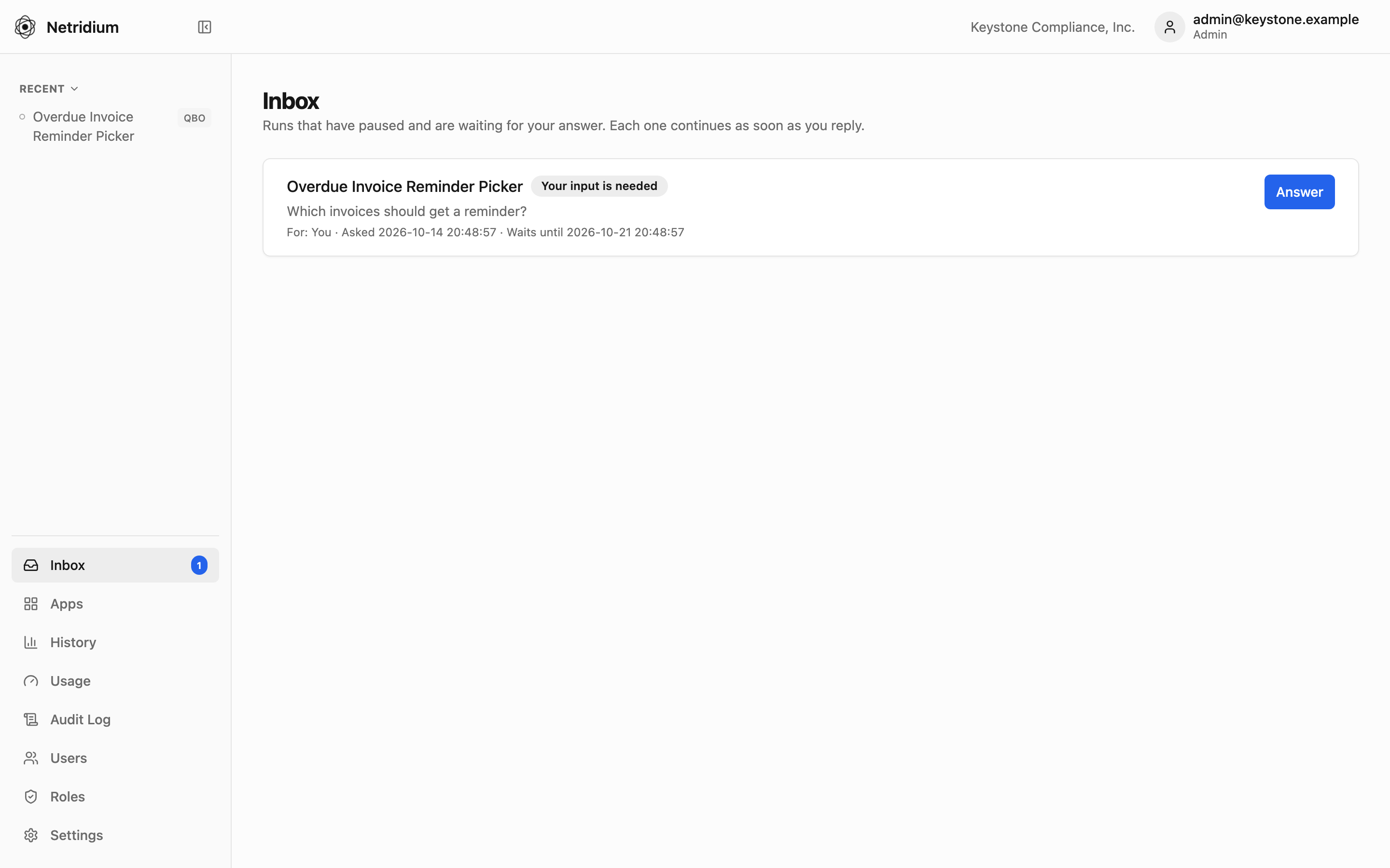 The Inbox: a paused run waiting for someone to choose which invoices get a reminder