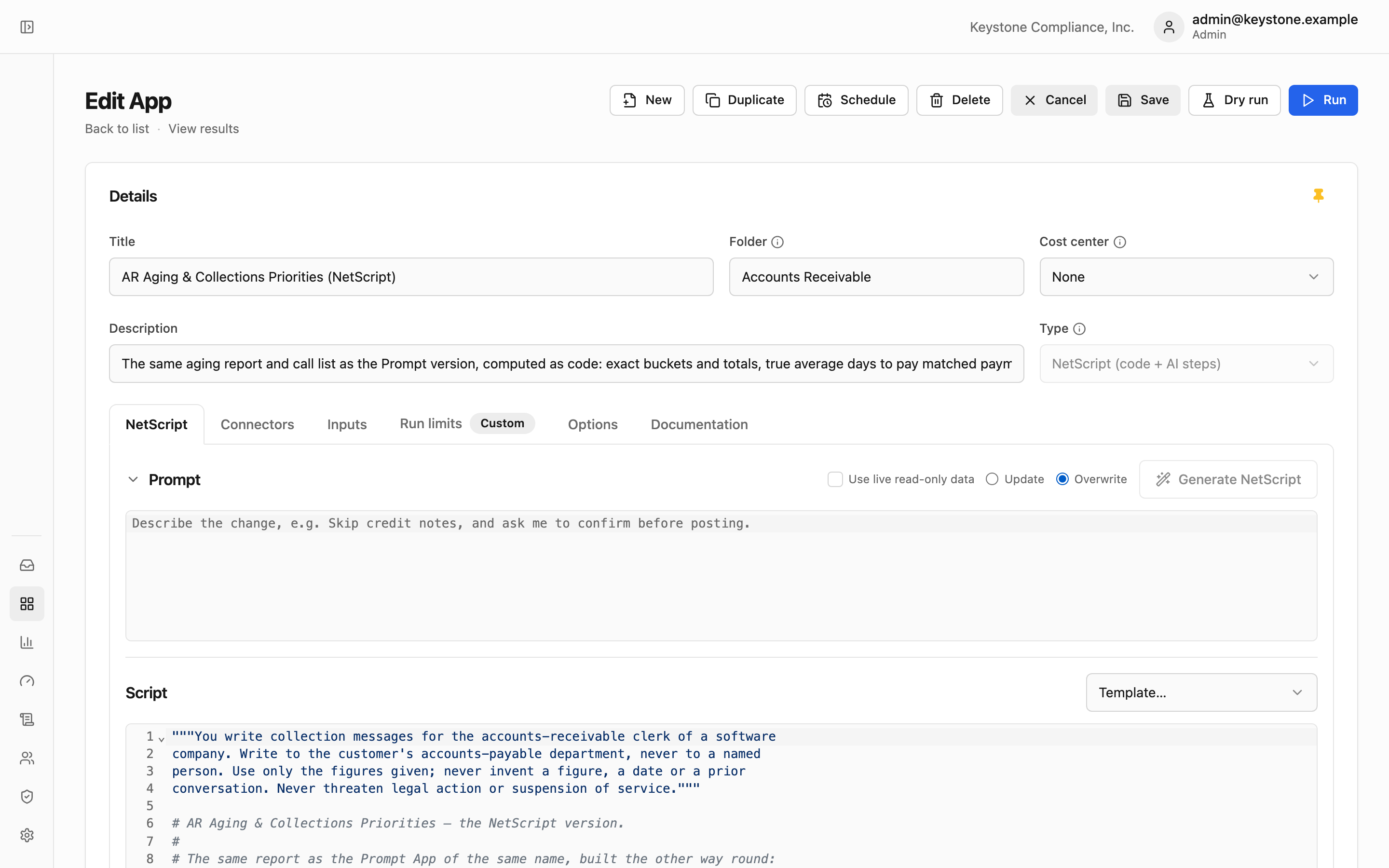 Editing a NetScript App: a Prompt box to describe the process and a Generate NetScript button, above the script Netridium wrote