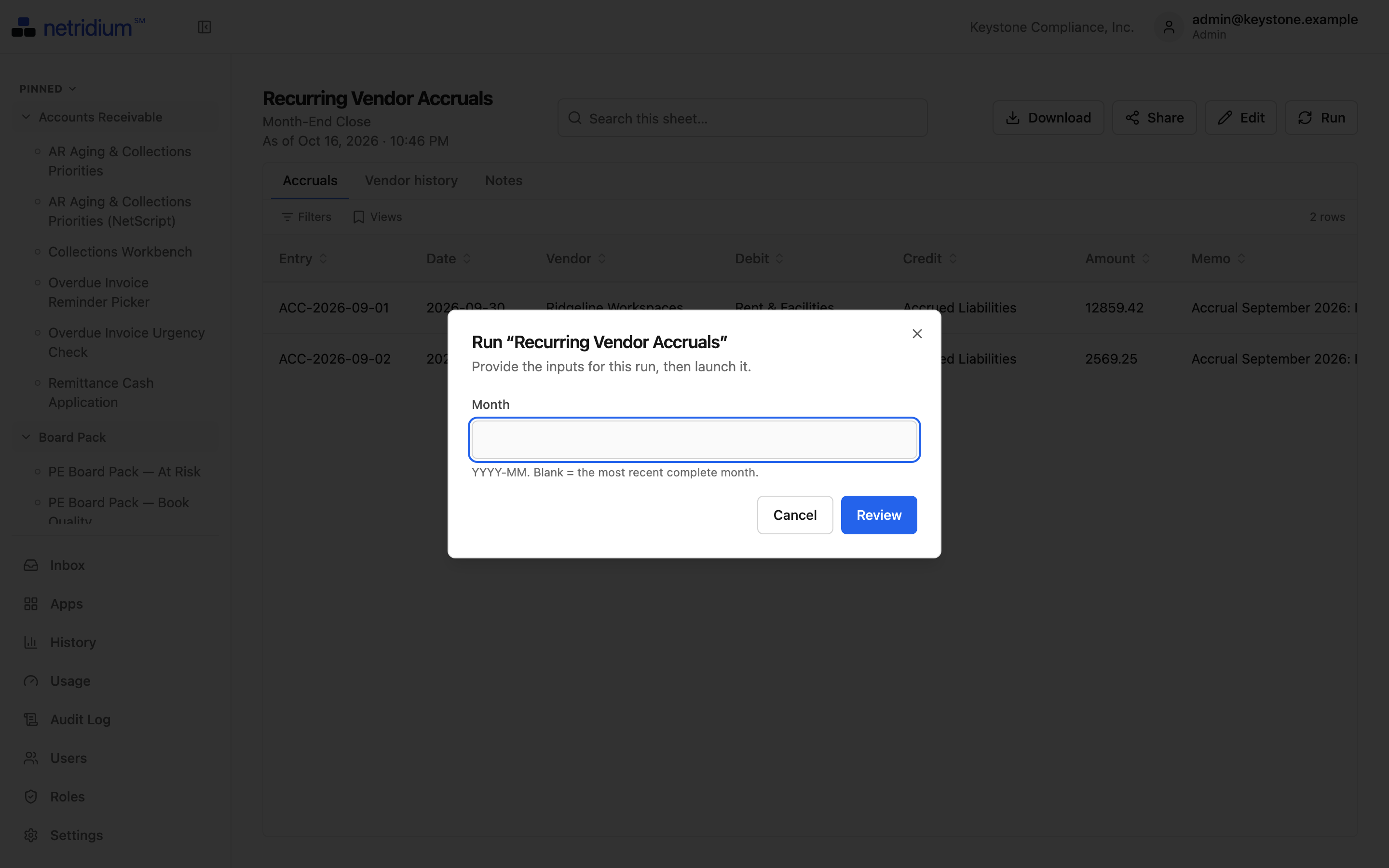 Running an App that can change data: enter the month, then review before anything runs