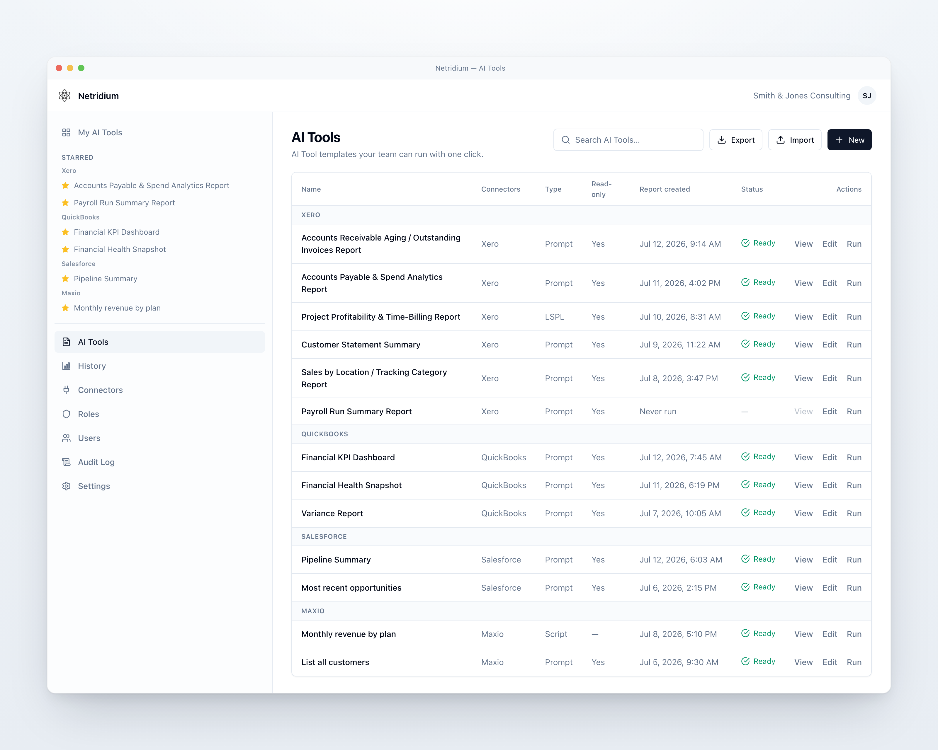 Netridium AI tools catalog — prompts, LSPL and scripts grouped by Xero, QuickBooks, Salesforce and Maxio connectors, each with View, Edit and Run actions