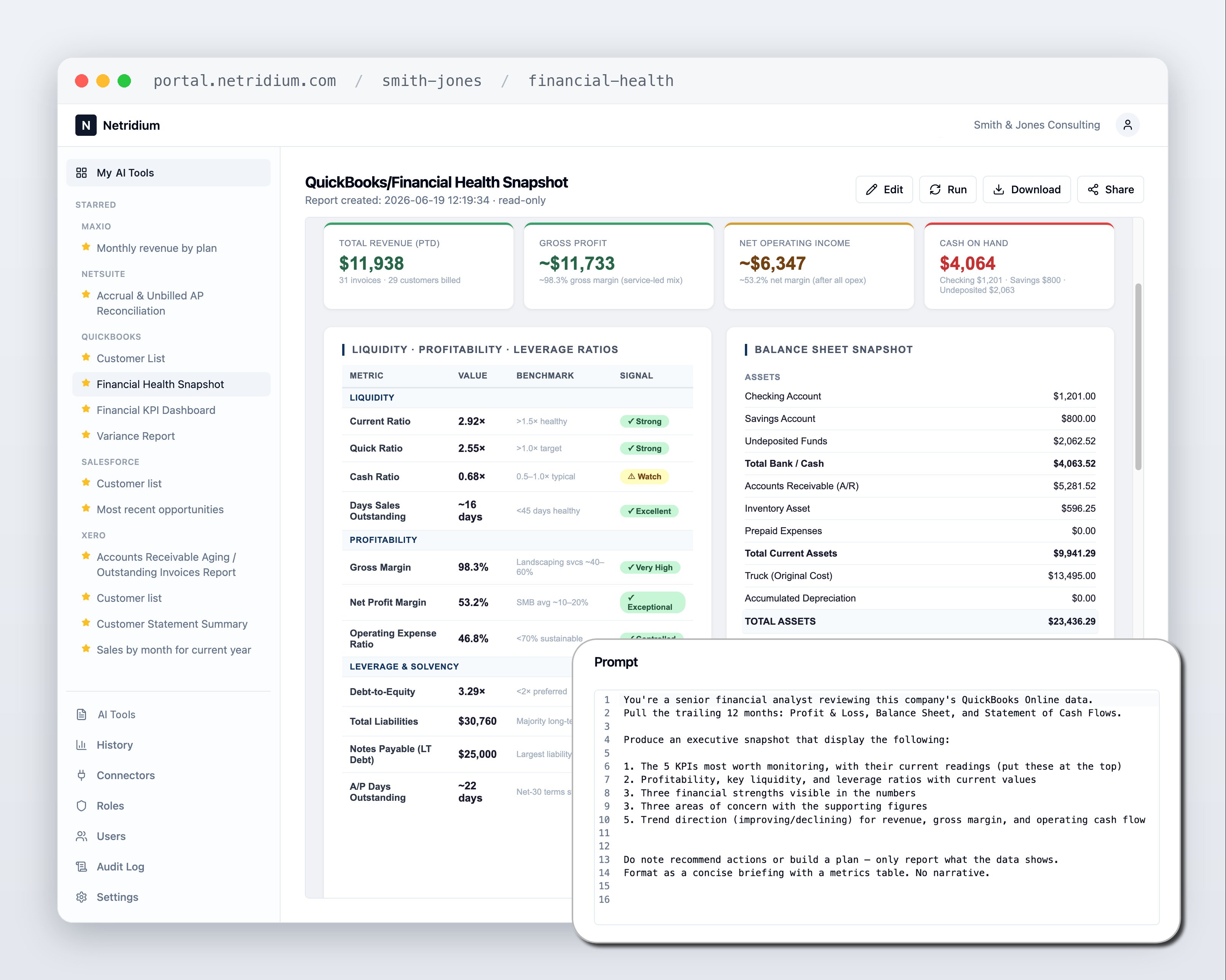Netridium — a QuickBooks Financial Health Snapshot report shown in the portal