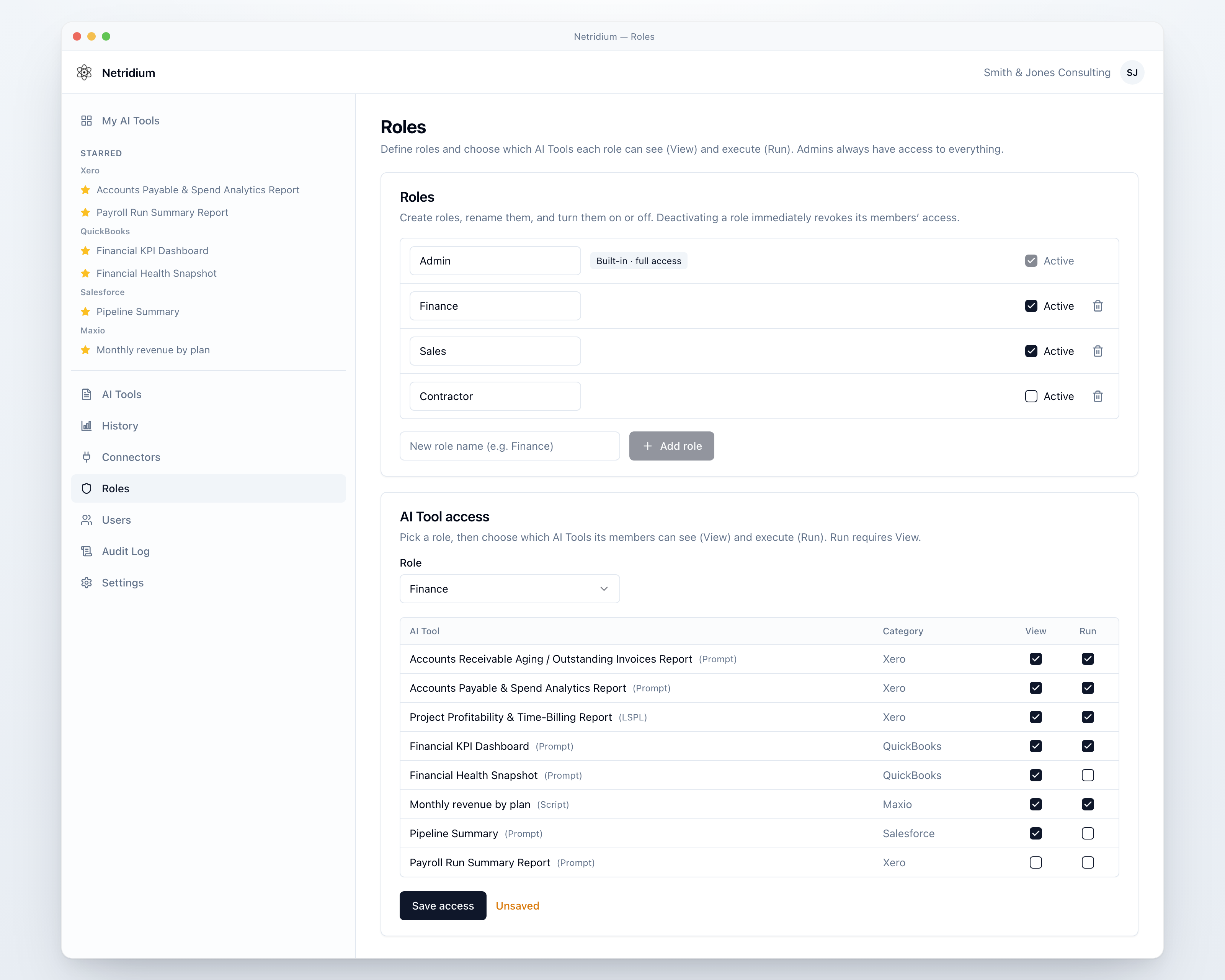 Netridium Roles screen — Admin, Finance, Sales and Contractor roles with a per-AI-tool matrix granting View and Run access
